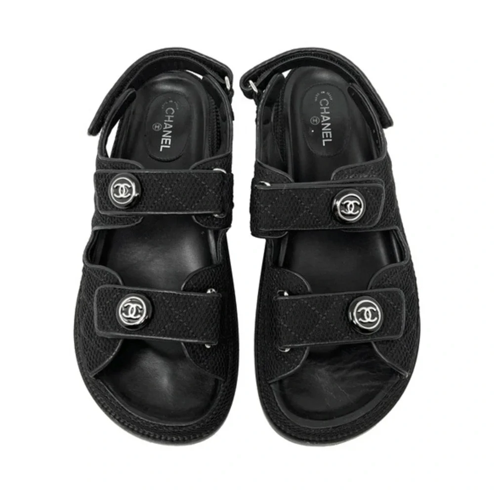 Chanel Quilted Fabric Logo Double Strap Flat Sandals Size 40